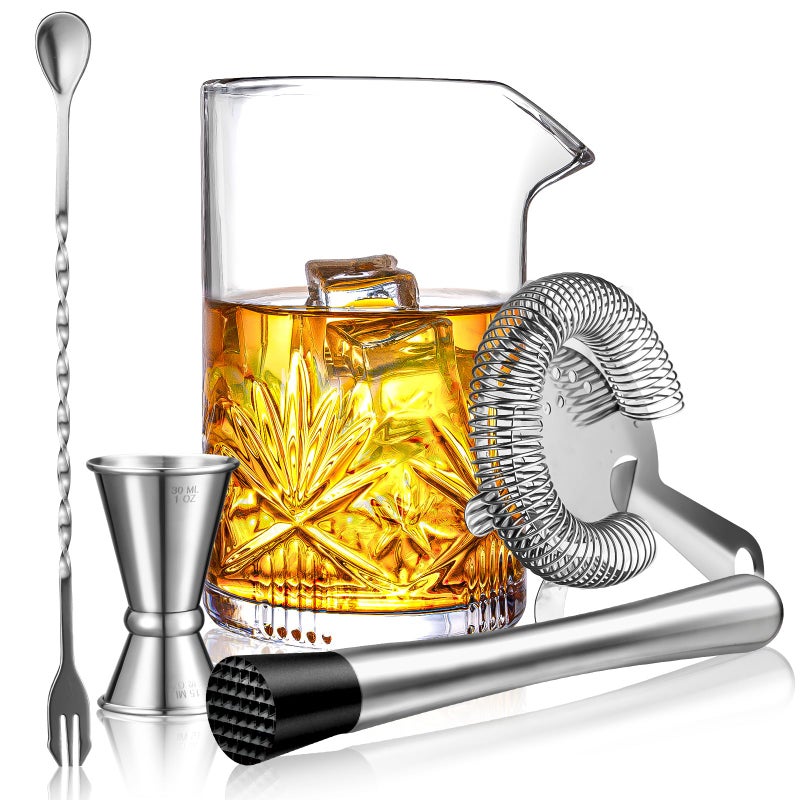 Cocktail Mixing Glass veecom 18oz Crystal Bartender Kit 5 Piece Bar Mixing Glass Old Fashioned Cocktail Kit with Strainer Muddler Spoon Jigger Cocktail Mixer