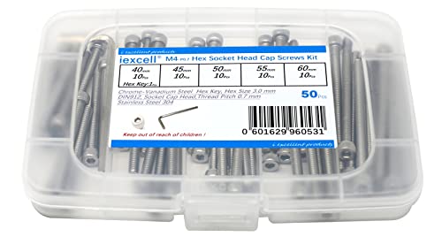 iexcell 50 Pcs M4 x 40/45/50/55/60mm Thread Pitch 0.7 mm Stainless Steel 304 Hex Socket Head Cap Screws Bolts Assortment Kit - Image 1