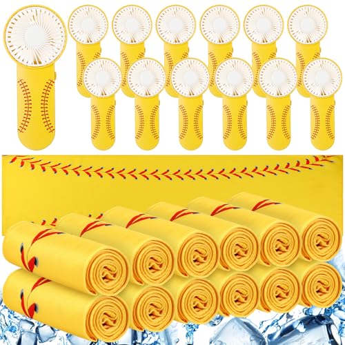 Tujoe 24 Pcs Sport Gifts Includes 12 Pcs Cooling Towels 40x12 Workout Towels 12 Portable Fan Mini Handheld Fan for Team Gift Sport Party Favors Battery Not IncludeYellowSoftball - Image 1
