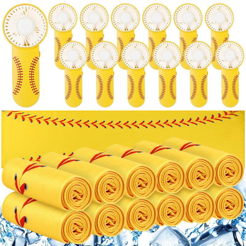 Tujoe 24 Pcs Sport Gifts Includes 12 Pcs Cooling Towels 40x12 Workout Towels 12 Portable Fan Mini Handheld Fan for Team Gift Sport Party Favors Battery Not IncludeYellowSoftball - Image 2