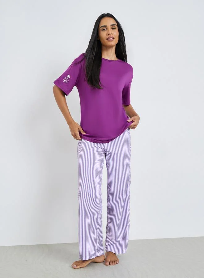 Styli Solid Round Neck T-Shirt and Striped Pyjama Set