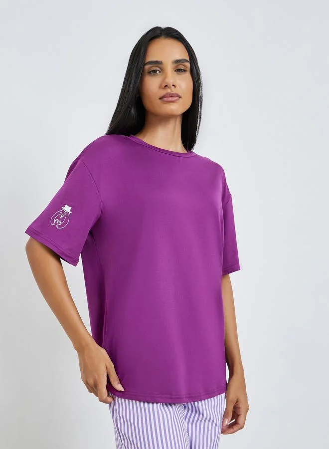 Styli Solid Round Neck T-Shirt and Striped Pyjama Set