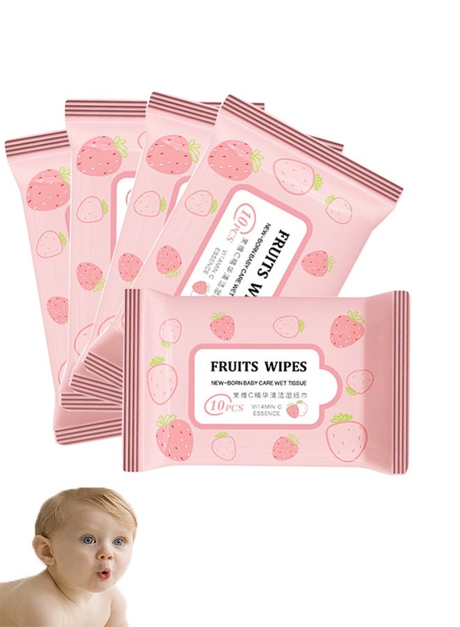 Cleansing Wipes, Strawberry 100% Plant-Based Wet Wipes for Adults & Kids; Gentle on Sensitive Skin, Bathroom & Travel, 5-Pack (50 Counts) - Image 1