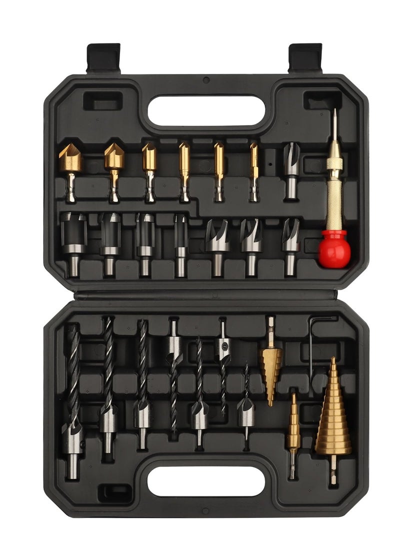 Excefore 26 Pack Woodworking Chamfer Drilling Tools, Including Countersink Drill Bits, Wood Plug Cutter, Step Drill Bit, Center Punch, L-Wrench, for Hardened Metal, Stainless Steel, Cast Iron & Wood Plastic  - Image 1