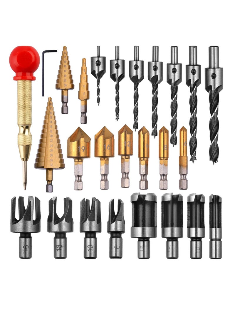 Excefore 26 Pack Woodworking Chamfer Drilling Tools, Including Countersink Drill Bits, Wood Plug Cutter, Step Drill Bit, Center Punch, L-Wrench, for Hardened Metal, Stainless Steel, Cast Iron & Wood Plastic  - Image 4