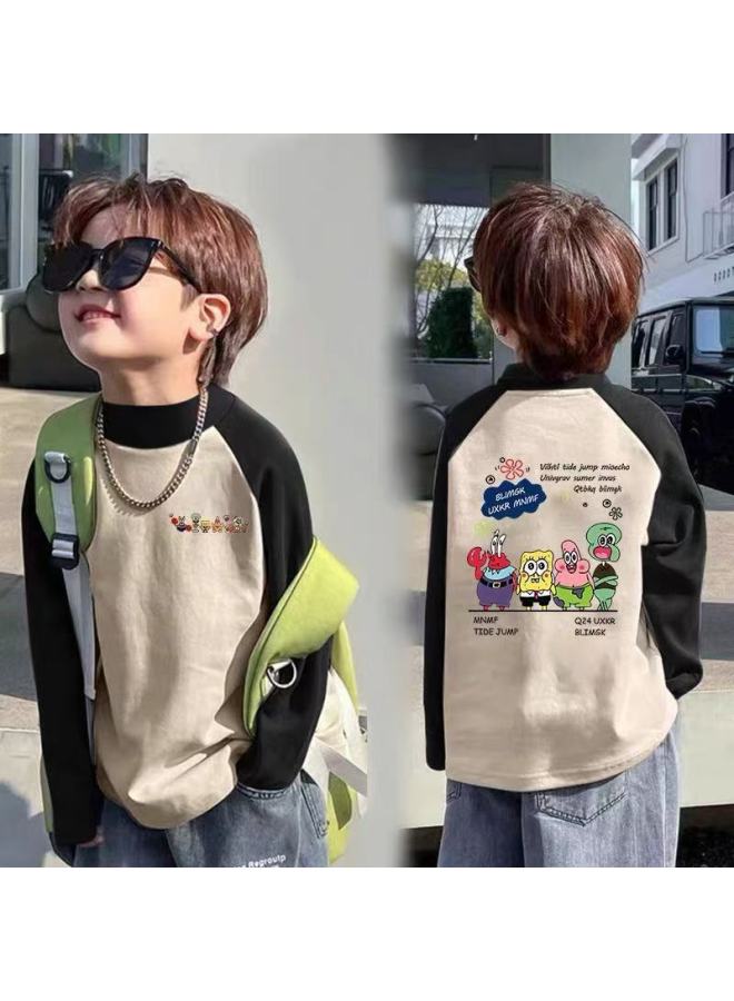 Children's Half Turtleneck Velvet Bottoming Shirt Autumn And Winter New Boys' Raglan Contrasting Color Long-sleeved T-shirt Medium And Large Kidsren's Tops