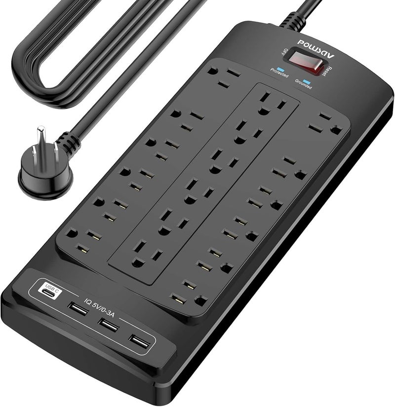 POWSAV 18 Outlets Surge Protector Power Strip - 20 Feet Flat Plug Heavy Duty Extension Cord with 18 Widely Outlets and 4 USB Ports, 2100 Joules, Black, ETL Listed - Image 1
