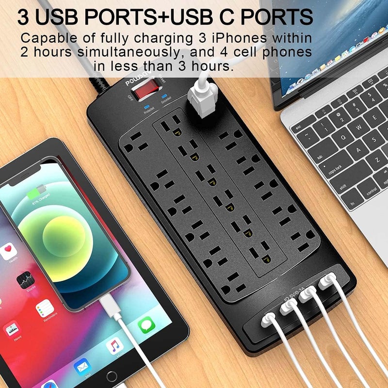 POWSAV 18 Outlets Surge Protector Power Strip - 20 Feet Flat Plug Heavy Duty Extension Cord with 18 Widely Outlets and 4 USB Ports, 2100 Joules, Black, ETL Listed - Image 3