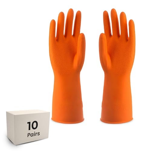 Robustt Premium Orange Rubber Cleaning Gloves | Reusable Gloves for Cleaning | Chemicals & Detergents Resistant | Pack of 10 |Heavy Duty Hand Gloves|Hand Gloves for Dish Washing, Gardening & Cleaning - Image 1