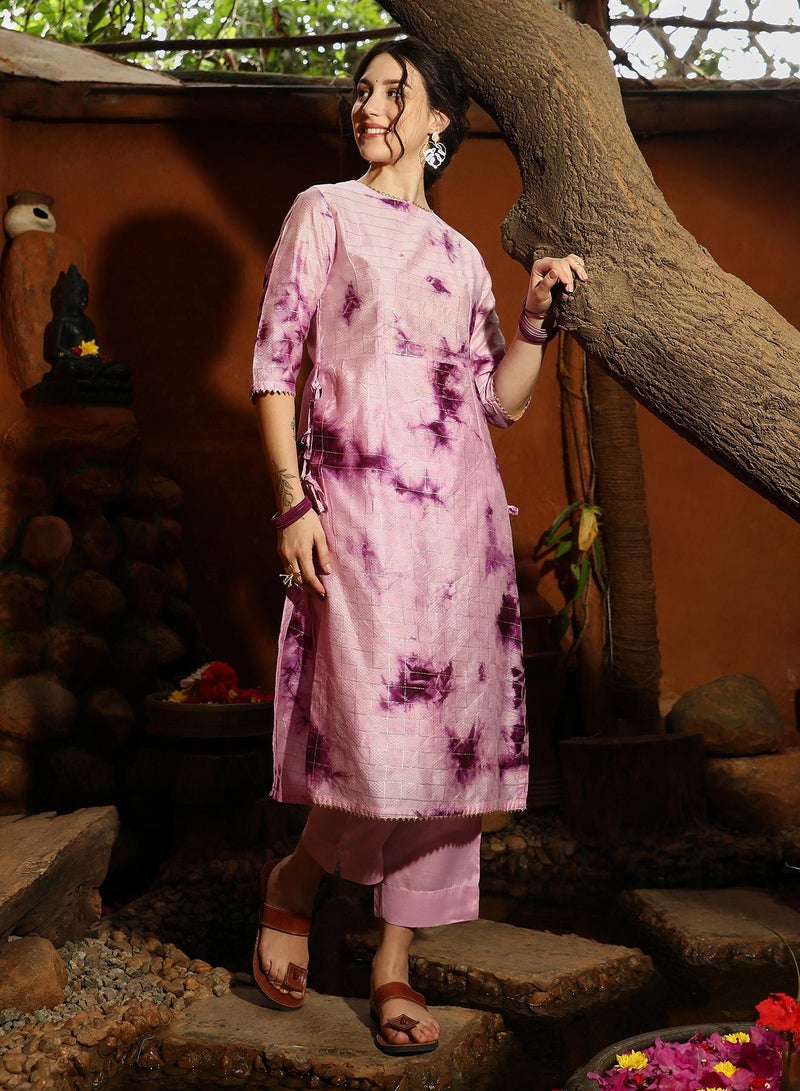 QISSA Women's Plum Purple Tie-Dye Kurta With Trousers For Casual Wear | Round Neck | Quarter Sleeves | 2 Piece Kurta Set Designed With Comfort Fit For Everyday Ethnic Wear - Image 1
