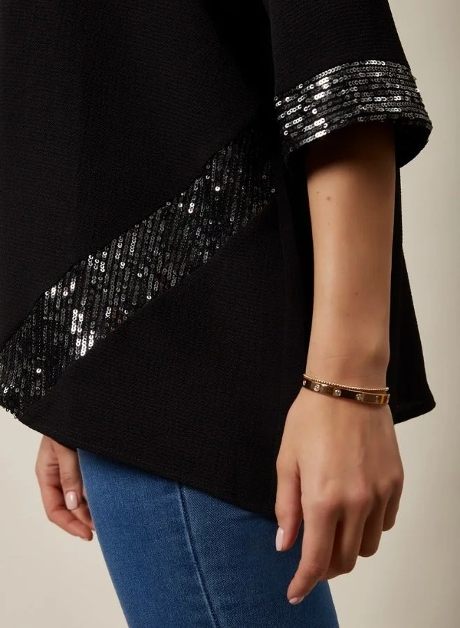 Hoxton Gal Oversized Black Sequin Detail Top In Black