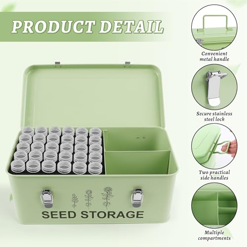 RGJ 60 Slots Seed Storage Organizer, Metal Seed Saving Box with Lid and Safety Locks, Seed Bin Seed Storage Container with 20 Seed Envelopes and 20 Labels, 3 Compartments, Perfect for Flower Plants Garden - Image 3
