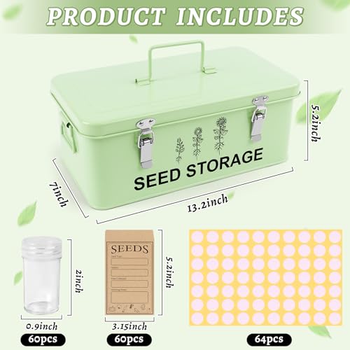 RGJ 60 Slots Seed Storage Organizer, Metal Seed Saving Box with Lid and Safety Locks, Seed Bin Seed Storage Container with 20 Seed Envelopes and 20 Labels, 3 Compartments, Perfect for Flower Plants Garden - Image 2