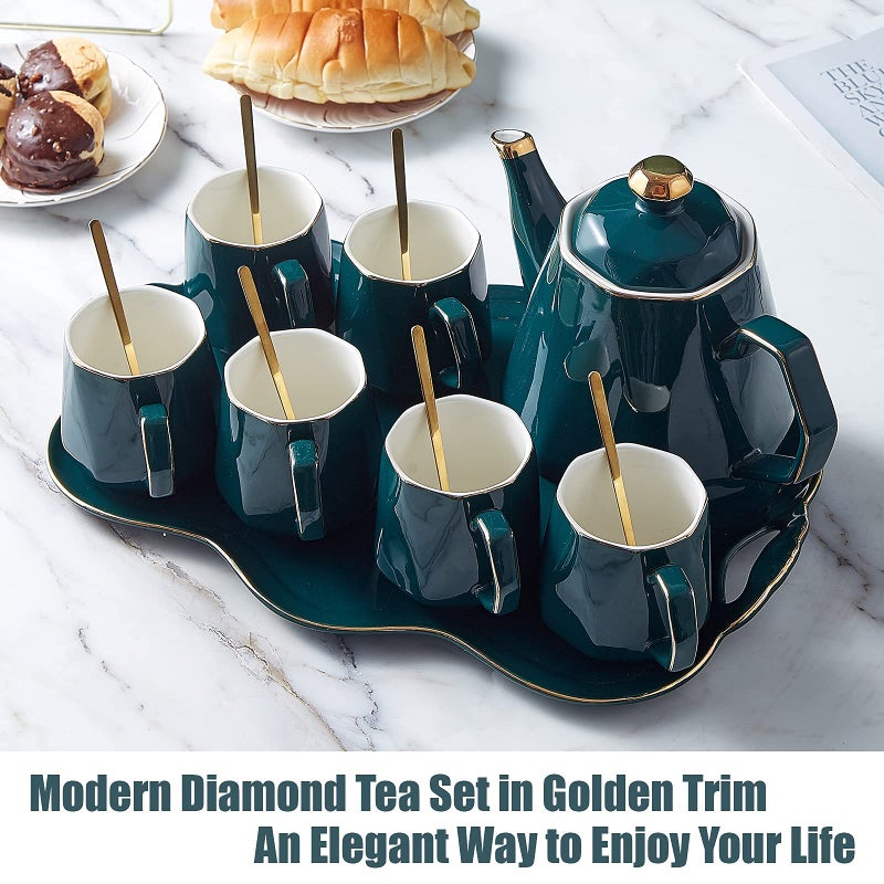 DUJUST 14 pcs Tea Set of 6 with Tea Tray & Spoons, Modern Diamond Design Tea/Coffee Cup Set with Golden Trim, Chic Porcelain Living Room Decor, Fine-china Teapot/Tea Party Set, Gift Package - Green - Image 2