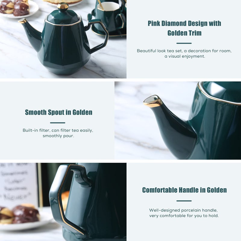 DUJUST 14 pcs Tea Set of 6 with Tea Tray & Spoons, Modern Diamond Design Tea/Coffee Cup Set with Golden Trim, Chic Porcelain Living Room Decor, Fine-china Teapot/Tea Party Set, Gift Package - Green - Image 3