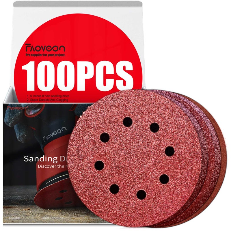 Faoyoon Sanding Disc 5 Inch 8 Hole 100 Pcs Orbital Sanding Discs Hook and Loop Sandpaper for Wood 40 60 80 120 220 Grit Sand Paper for Random Orbital Sander