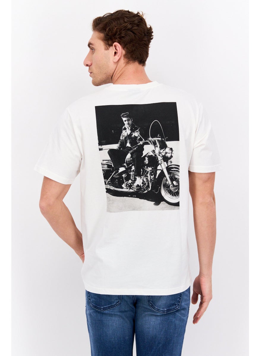 ELVIS Men Crew Neck Short Sleeve Embroidered Logo T-Shirt, Off White  - Image 3