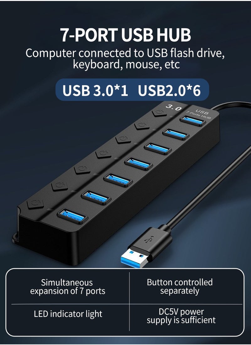 بيروي موسع شحن USB ذو 7 منافذ مع مفتاح طاقة فردي وإضاءة، مقسم مركز بيانات عالي السرعة مع محول TYPE C، 1x 3.0، 6x 2.0 لأجهزة USB المحمولة متوافق للغاية بسرعة نقل بيانات فائقة 5 جيجابت في الثانية  - Image 4