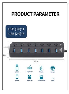 Beirui 7-Port USB Charging Extender with Individual Power Switch and Light, High Speed Data Center Splitter with TYPE C Adapter, 1x 3.0,6x 2.0 for Laptop USB Devices Super Compatible 5Gbps Data Transfer Speed  - Image 3