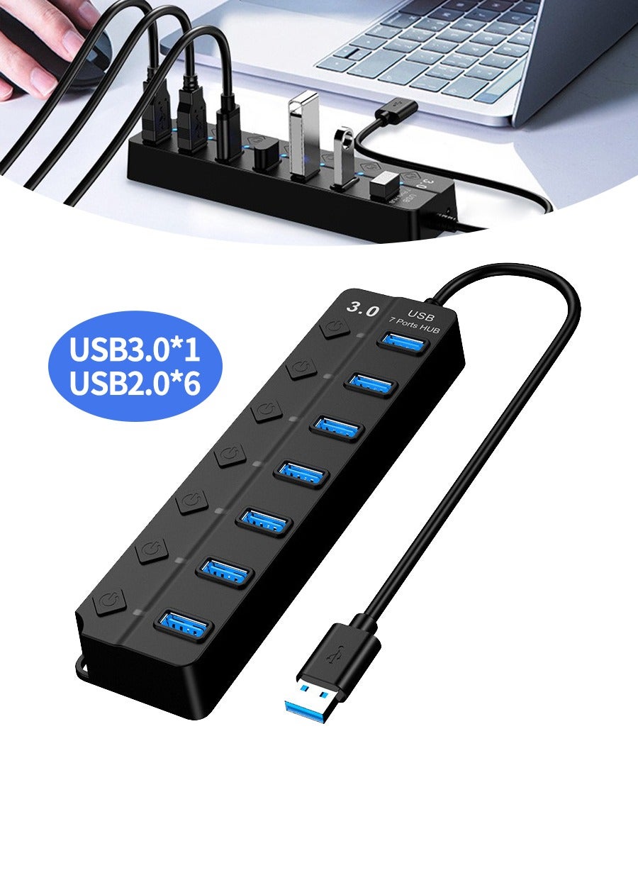 7-Port USB Hub with Individual On/Off Switches & LED Indicators, 1x USB 3.0 + 6x USB 2.0, 5Gbps High-Speed Data Transfer, Plug-and-Play for Laptop, PC & Mobile Devices