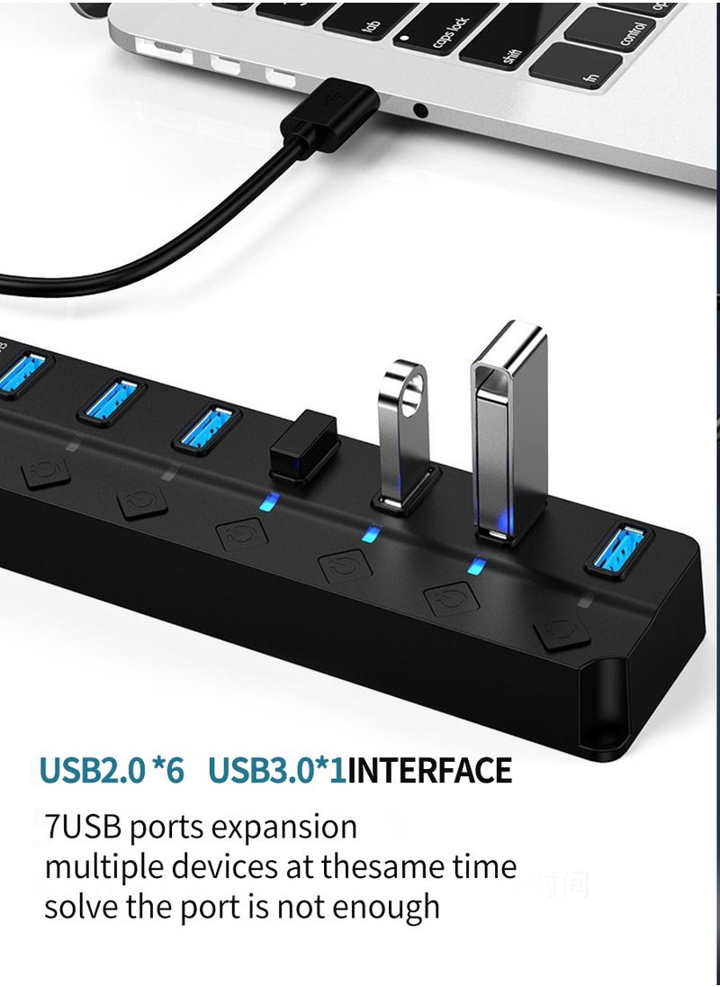 بيروي موسع شحن USB ذو 7 منافذ مع مفتاح طاقة فردي وإضاءة، مقسم مركز بيانات عالي السرعة مع محول TYPE C، 1x 3.0، 6x 2.0 لأجهزة USB المحمولة متوافق للغاية بسرعة نقل بيانات فائقة 5 جيجابت في الثانية  - Image 5