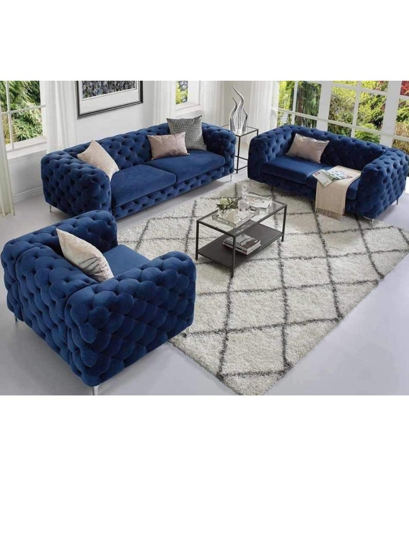 Maharat Al Bahar Maharat Furniture Luxury Chesterfield Sofa Set – 3-Piece Navy Blue Tufted Velvet Living Room Set with Armchair, Loveseat & Sofa – Elegant Modern Design with Metal Legs  - Image 1