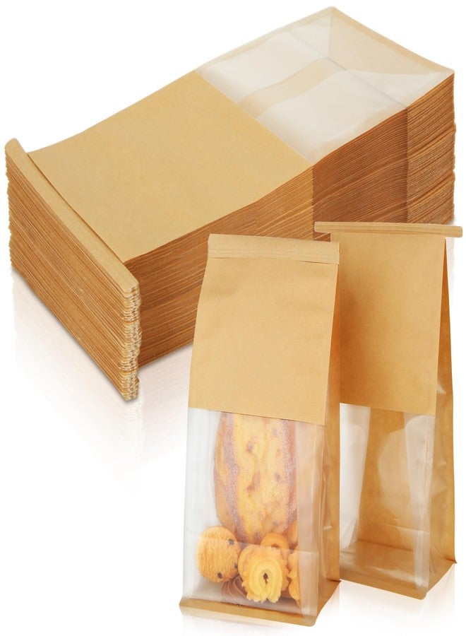 FVIEXE 100PCS Bakery Bags with Window, 5.1 x 4.3 x 11.2 Inch Brown Tin Tie Tab Lock Bags Bakery Cookie Bags, Kraft Paper Cookie Treat Bag for Cookies Packaging Gift Giving Wedding Favors Coffee - Image 1