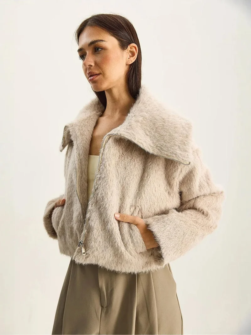 Bianco Lucci Beige Natural LUCCI Textured Plush Bomber with Zipper Closure for Women | Best Price UAE