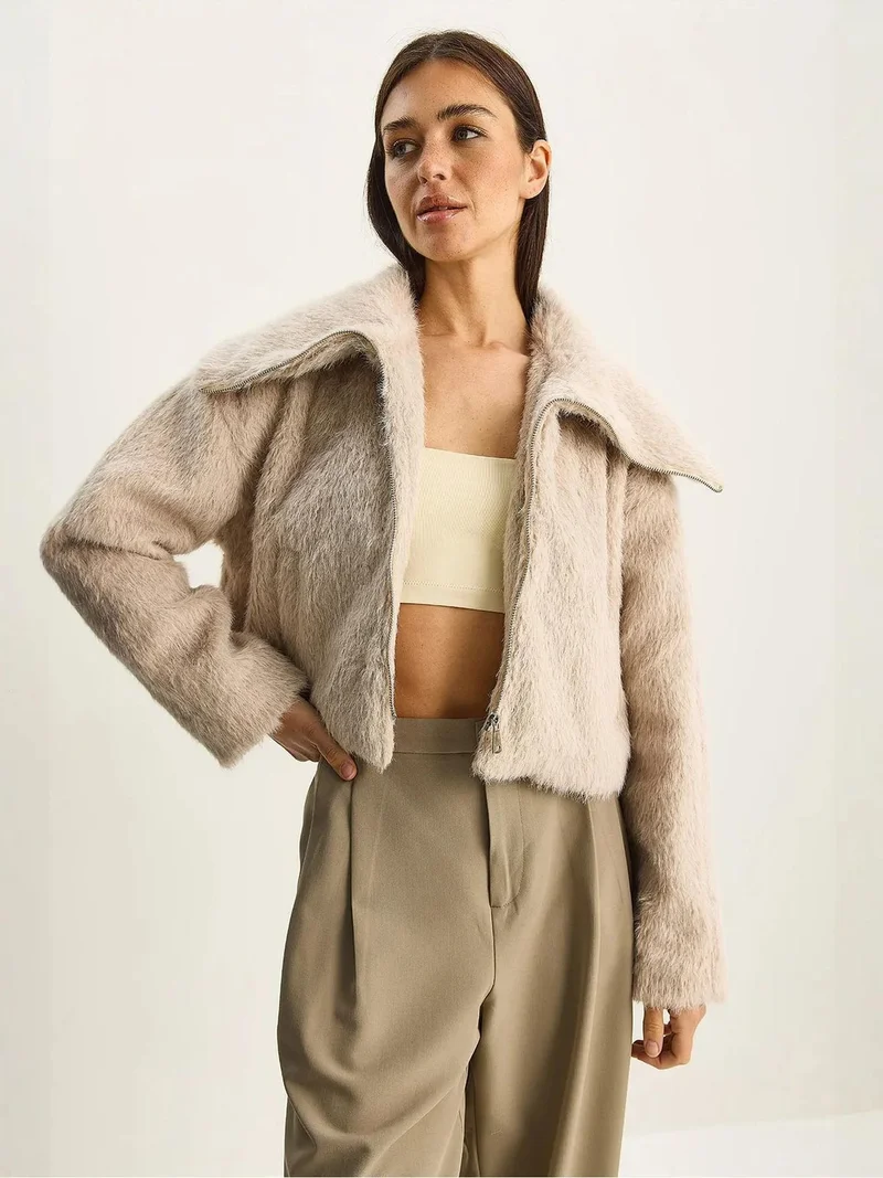 Bianco Lucci Beige Natural LUCCI Textured Plush Bomber with Zipper Closure for Women | Best Price UAE