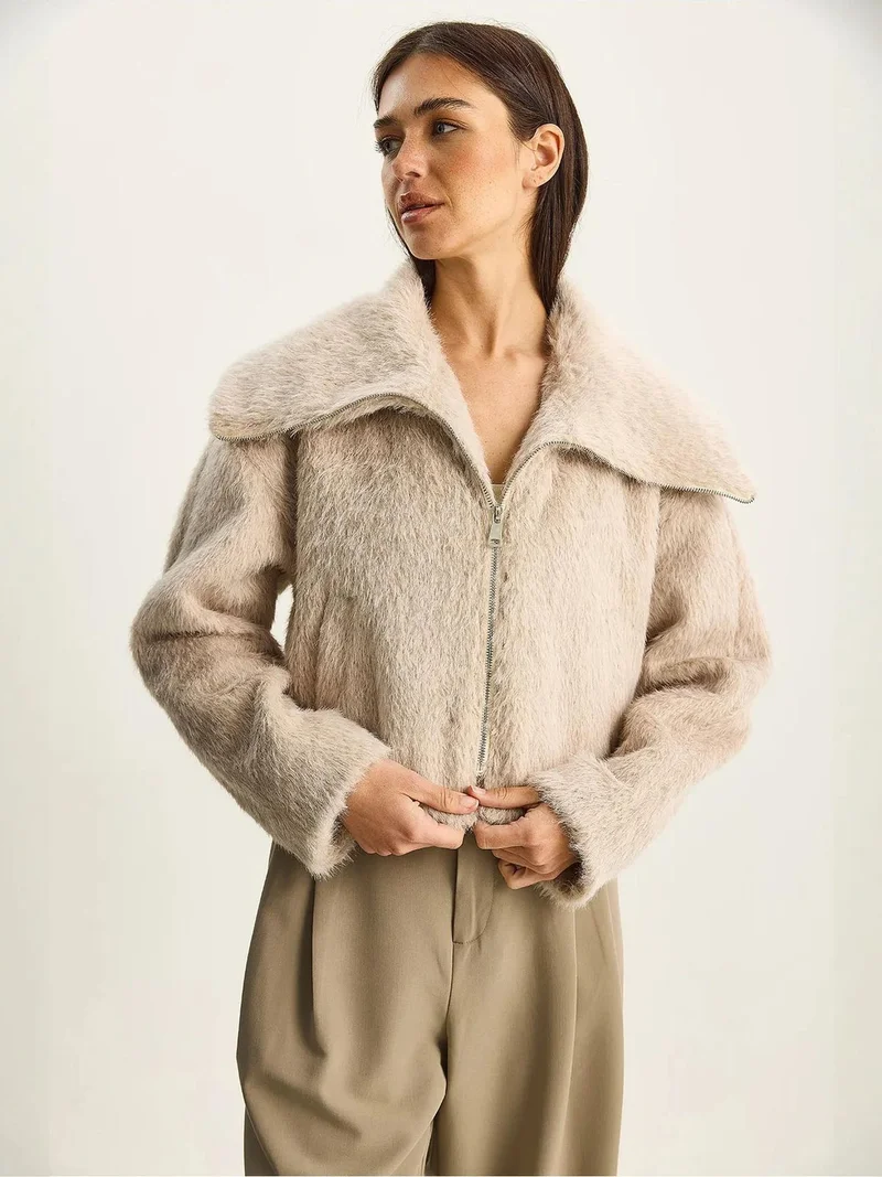 Bianco Lucci Beige Natural LUCCI Textured Plush Bomber with Zipper Closure for Women | Best Price UAE