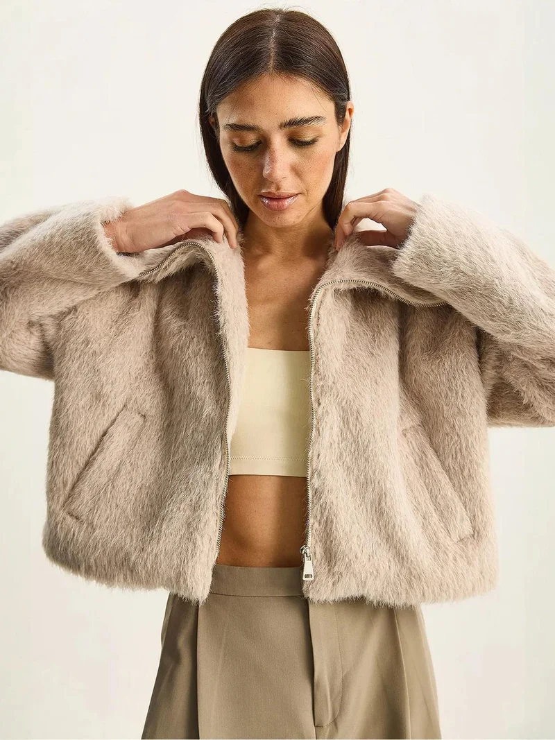 LUCCI Textured Plush Bomber with Zipper Closure
