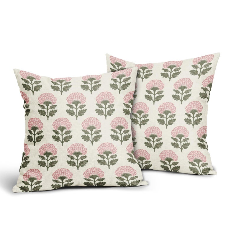 Aytipun Pink Green Floral Block Print Pillow Covers 18x18 Set of 2 Flower Pattern Cream Spring Summer Decorative Throw Pillowcases Outdoor Rustic Farmhouse Cushion Cases Decor for Home Couch Sofa Bed - Image 2