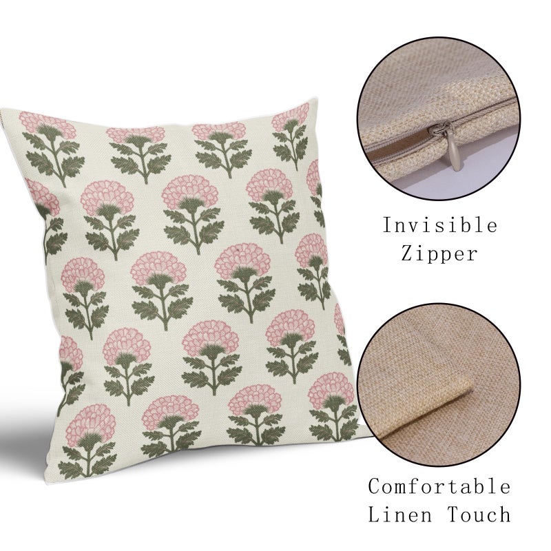 Aytipun Pink Green Floral Block Print Pillow Covers 18x18 Set of 2 Flower Pattern Cream Spring Summer Decorative Throw Pillowcases Outdoor Rustic Farmhouse Cushion Cases Decor for Home Couch Sofa Bed - Image 4