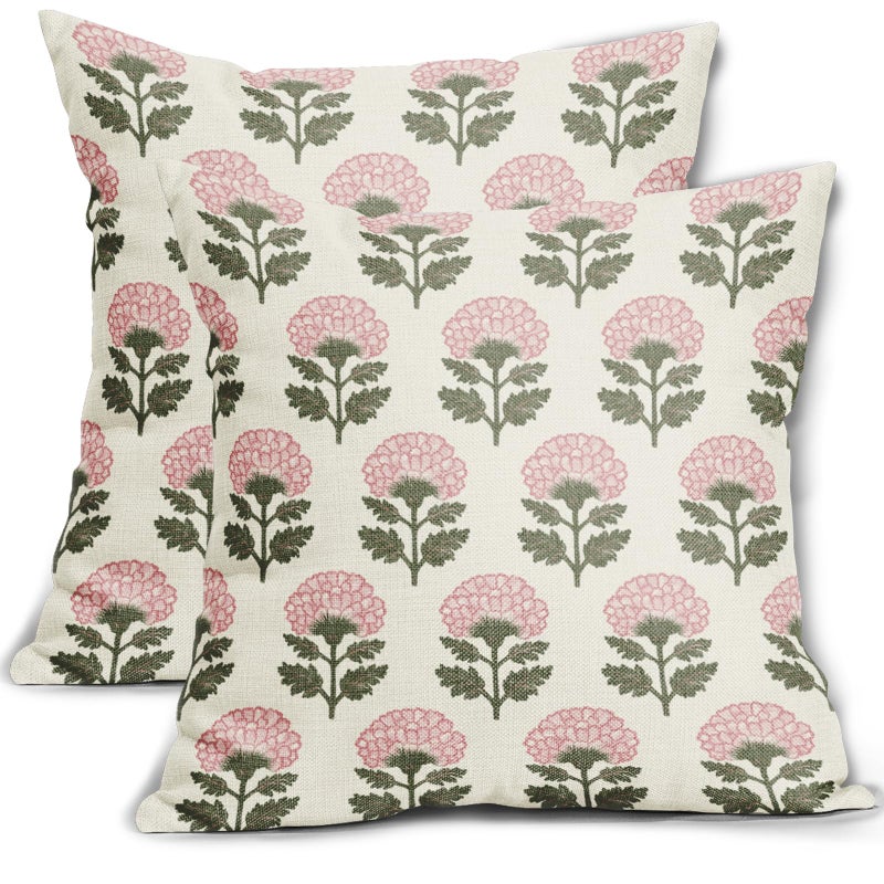 Aytipun Pink Green Floral Block Print Pillow Covers 18x18 Set of 2 Flower Pattern Cream Spring Summer Decorative Throw Pillowcases Outdoor Rustic Farmhouse Cushion Cases Decor for Home Couch Sofa Bed - Image 1