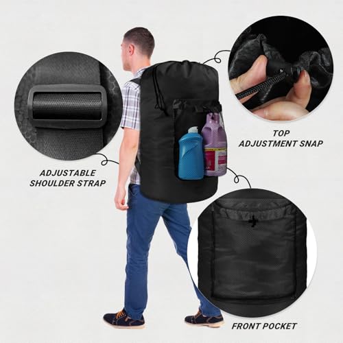 CATOTEL Laundry Bag with Shoulder Straps and Mesh Pocket Laundry Backpack Large Portable Laundry Hamper for College Travel, Laundromat, Apartment (Black) - Image 3
