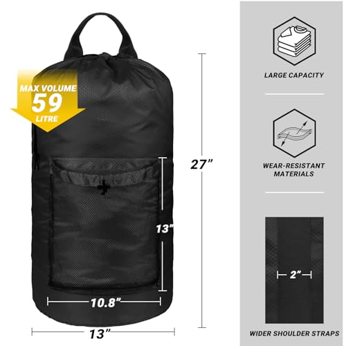 CATOTEL Laundry Bag with Shoulder Straps and Mesh Pocket Laundry Backpack Large Portable Laundry Hamper for College Travel, Laundromat, Apartment (Black) - Image 2