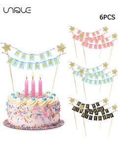 Unique 6 Sets Happy Birthday Cake Topper - Bunting Banner Glitter Cake Topper - Cake Gold Star Flag Banner Cupcake Topper Cake Decoration for Boys Girls Birthday Party  - Image 1