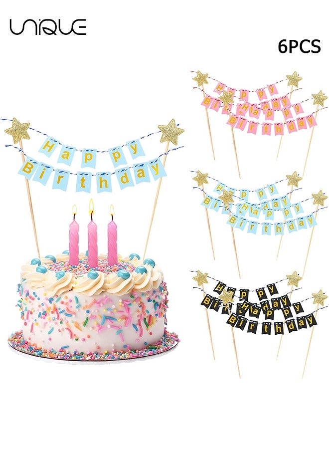 Unique 6 Sets Happy Birthday Cake Topper - Bunting Banner Glitter Cake Topper - Cake Gold Star Flag Banner Cupcake Topper Cake Decoration for Boys Girls Birthday Party - Image 1