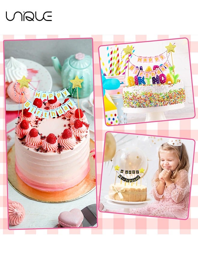 Unique 6 Sets Happy Birthday Cake Topper - Bunting Banner Glitter Cake Topper - Cake Gold Star Flag Banner Cupcake Topper Cake Decoration for Boys Girls Birthday Party - Image 5