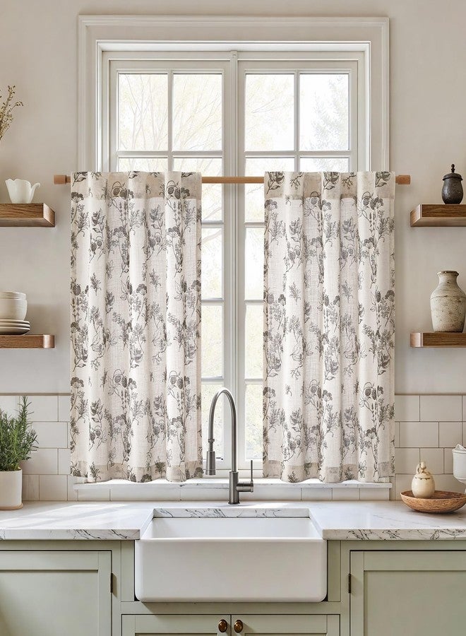 HOMEIDEAS Floral Kitchen Curtains, Brown Printed Pattern Drapes, Farmhouse Vintage Linen Blend Tier Short Curtains for Small Windows Cafe Living Room Bathroom, 2 Panels, 30×36 Inches - Image 1