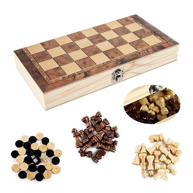 3 In 1 Wooden Foldable Chess Natural Wood Lacquer Game Chess Multi-Function Black And White Chess Chess - Image 1