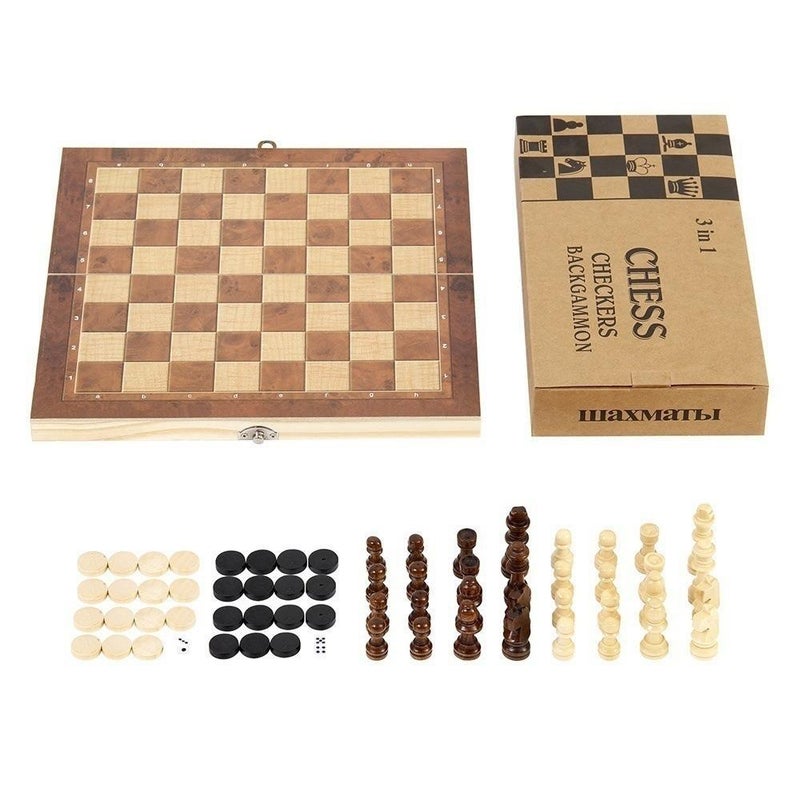 3 In 1 Wooden Foldable Chess Natural Wood Lacquer Game Chess Multi-Function Black And White Chess Chess - Image 5