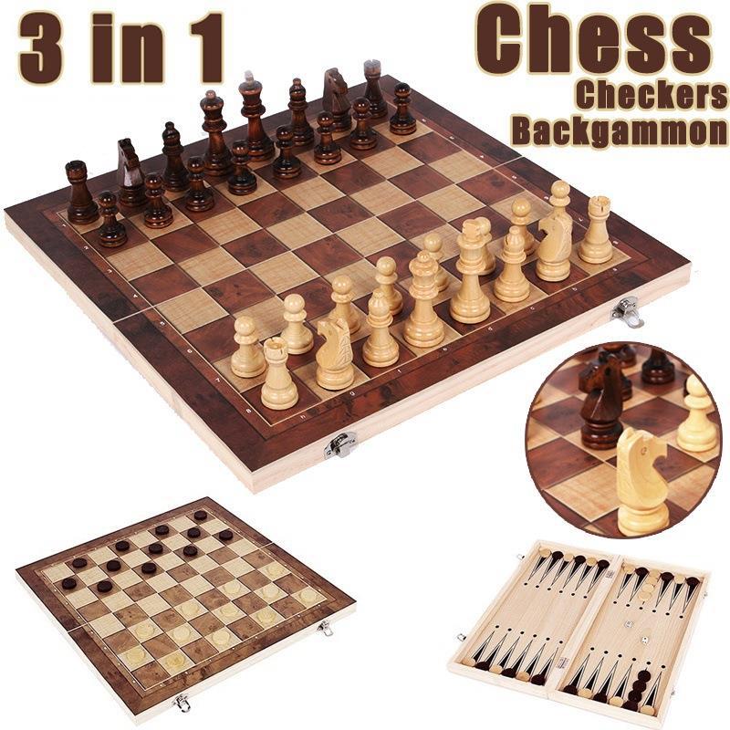 3 In 1 Wooden Foldable Chess Natural Wood Lacquer Game Chess Multi-Function Black And White Chess Chess - Image 2