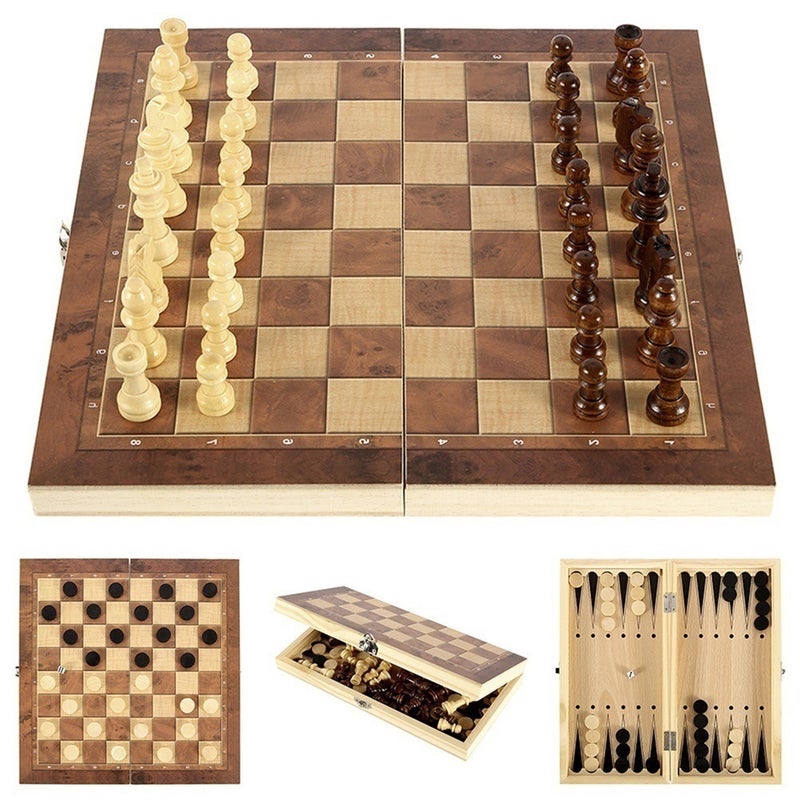 3 In 1 Wooden Foldable Chess Natural Wood Lacquer Game Chess Multi-Function Black And White Chess Chess - Image 4