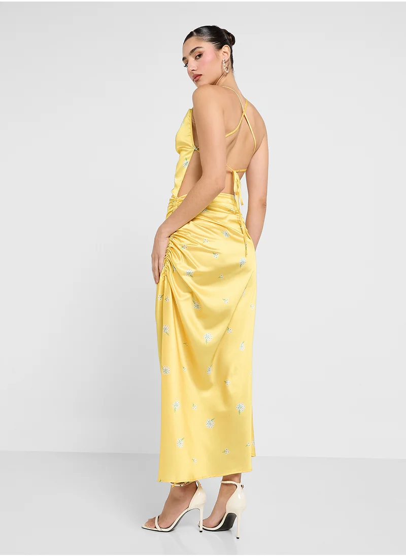 Ginger Satin Backless Slip Dress With Ditsy Floral Print