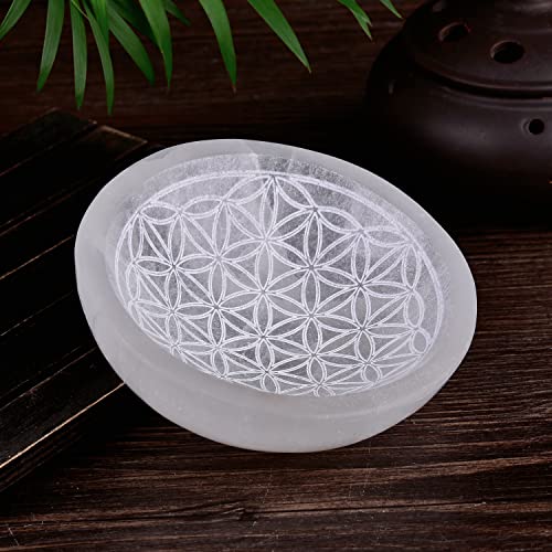 CNYANFEI 4” Selenite Crystal Charging Bowl Evil Eye White Selenite Tray Natural Crystal Holder for Stones Decorative Gemstone Bowl for Home Decor Gift - Image 3