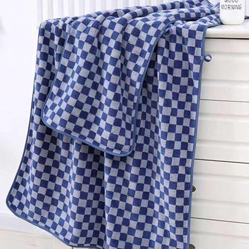 MAXOSHINE Microfiber Towels for Bath-Checkered Bath Towel for Men&Women-Soft Coral Fleece Towel with Hook Quick Dry Super Absorbent-70 X 140 Cm (Dark Blue,1 Bath Towel + 1 Hand Towel Combo),500 TC - Image 2