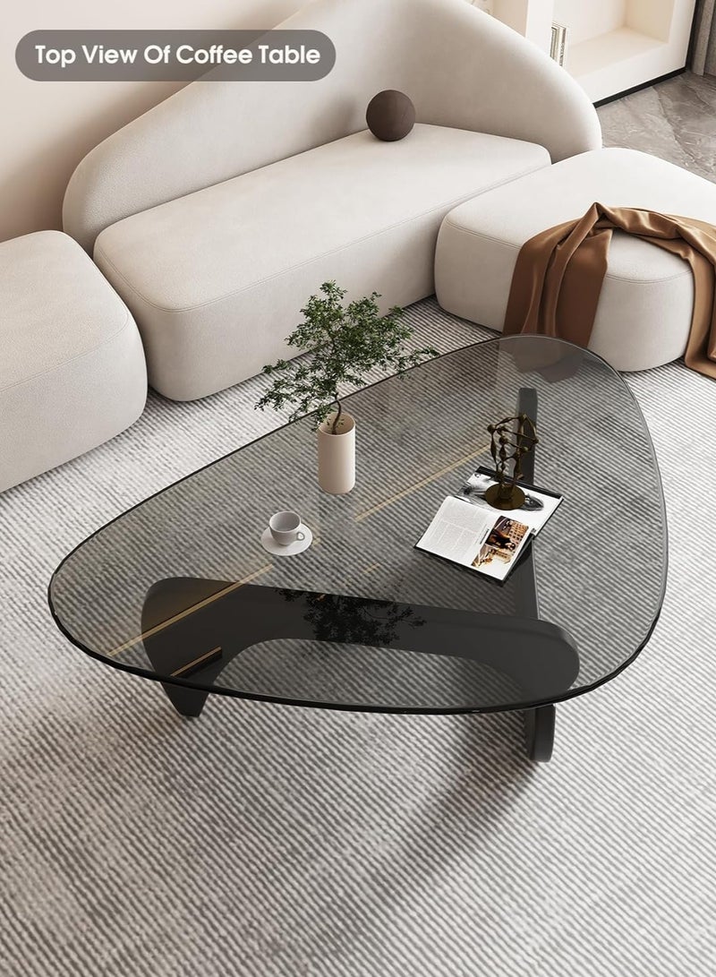 JOMILA Modern Triangle Glass Coffee Table with Solid Wood Base and Clear Glass Top Accent Vintage Mid-Century Style for Living Room - Image 2
