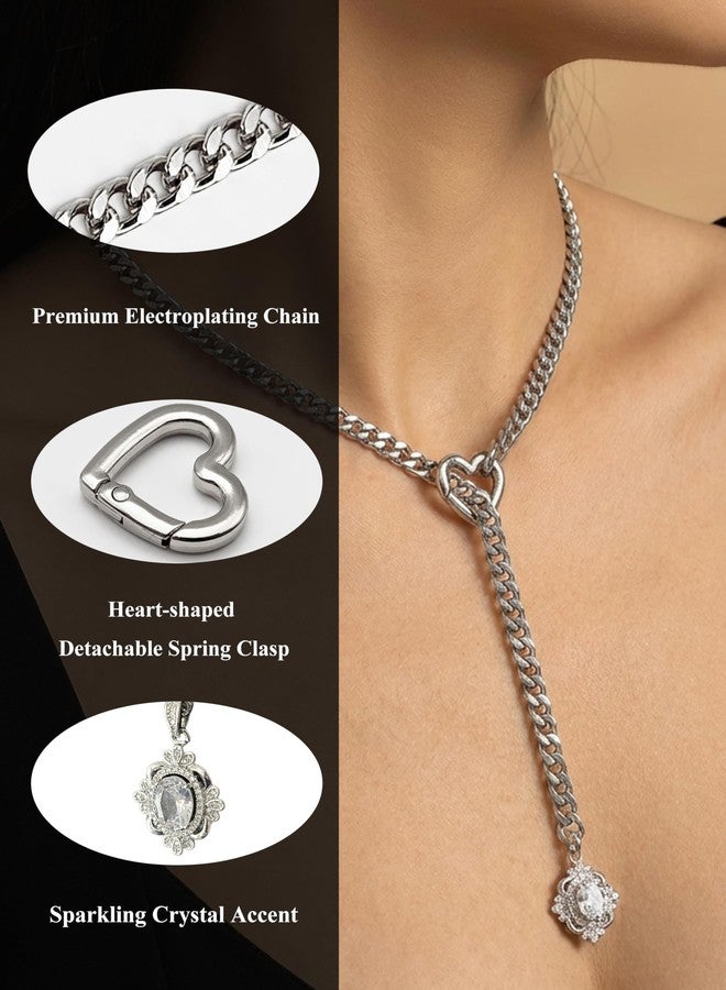 EverGlimp Heart Slip Chain Necklace for Women, Silver Cuban Chain Y-Necklace with Adjustable Heart O-Ring & Crystal Pendant, Long Lariat Statement Jewelry (25 Inch) - Image 4