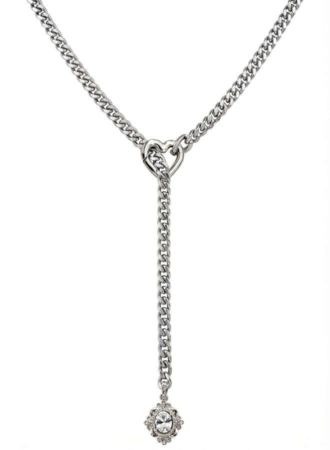 EverGlimp Heart Slip Chain Necklace for Women, Silver Cuban Chain Y-Necklace with Adjustable Heart O-Ring & Crystal Pendant, Long Lariat Statement Jewelry (25 Inch) - Image 1